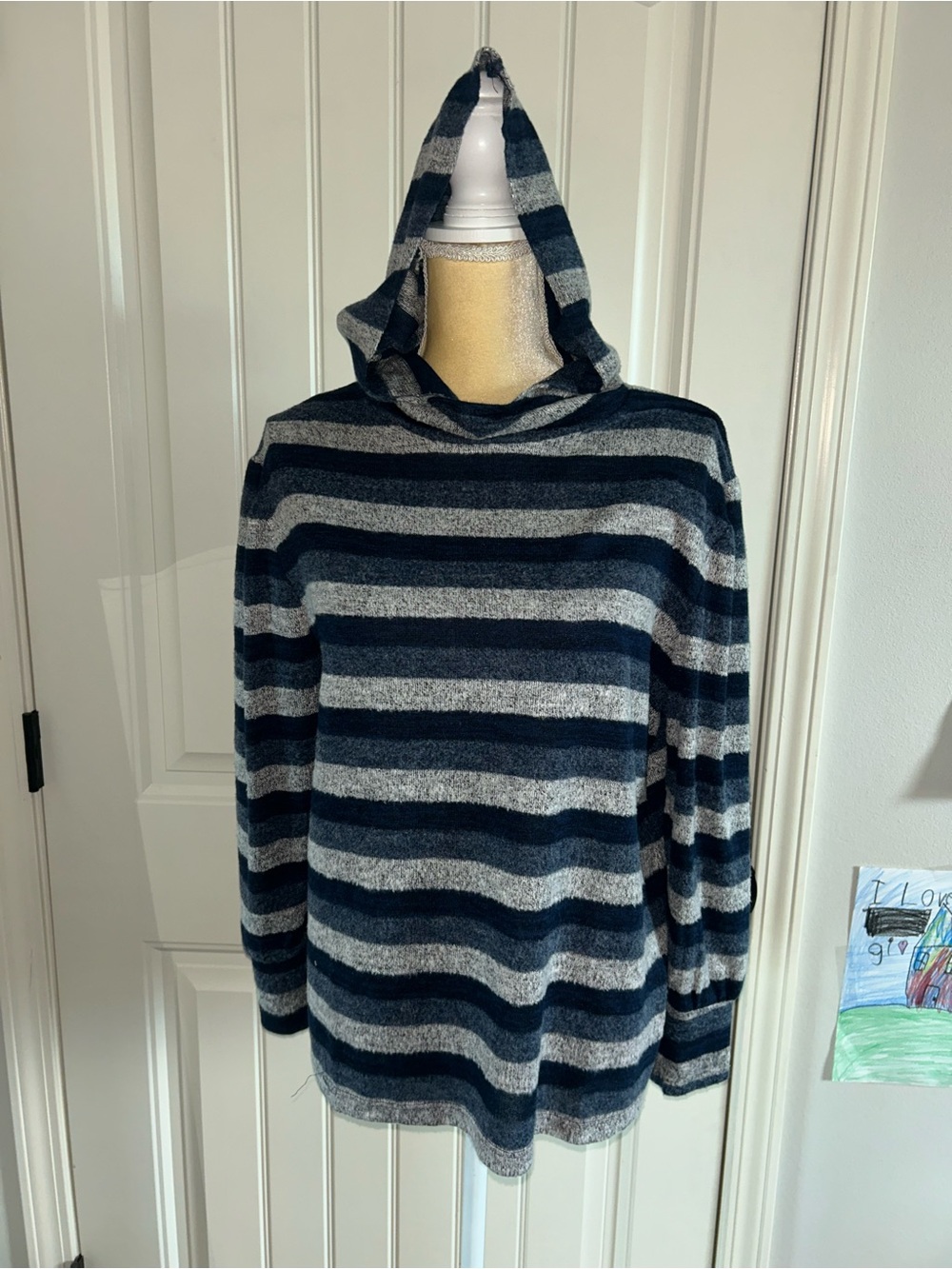 NEW Knithaus Striped Hooded Pullover Sweater - Navy & Gray Sz M
